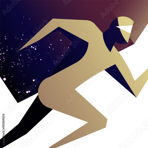 Geometric human character, celestial space background for sports and tech posters illustration. Starry night style for fitness and wellness branding.