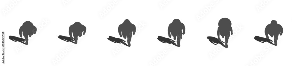 Fototapeta premium Top view walking people silhouettes with long shadows, overhead pedestrian human figures set for architectural floor plan, urban planning map elements, minimal black silhouette people collection