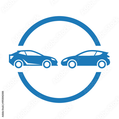 Blue cars facing each other in circular symbol for car sharing or rental service