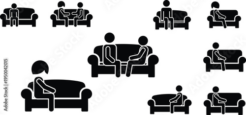 Therapy counseling session icons, psychologist patient conversation on sofa, mental health consultation symbols, psychotherapy vector illustration set