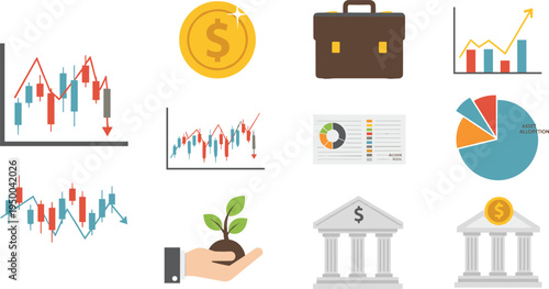 Financial Analysis and Investment Icons Set Featuring Charts, Graphs, Coins, Banking Symbols, Growth, and Economic Data Visualizations