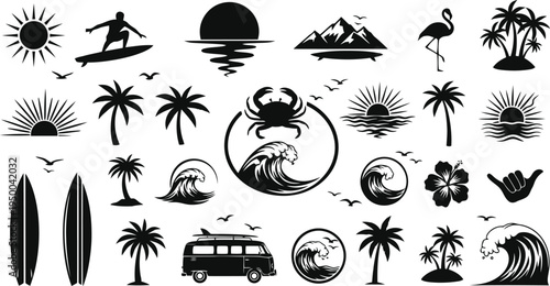 Tropical beach travel icons set with palm trees sun sea waves island and summer vacation symbols in simple vector illustration style