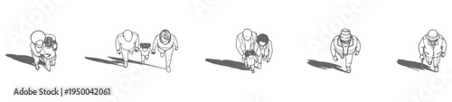 Fotografie Top view family walking people set with long shadows, parents and children overh