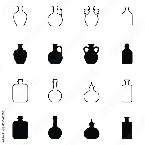 A set of 16 different simple bottle and vase outline and silhouette icons. Useful for graphic design, icons, and decorative elements