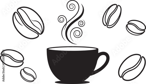 Stylized black coffee cup with swirling steam aroma, surrounded by roasted coffee beans illustration, perfect for café branding, menu design, promotional vector artwork