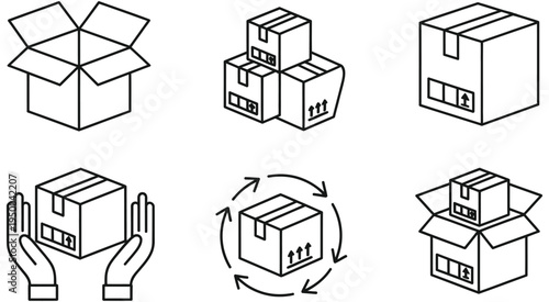 Cardboard Box Packaging Vector Icons featuring open, sealed, recycle, and handling symbols, flat design illustration for shipping, delivery, and logistics concept.