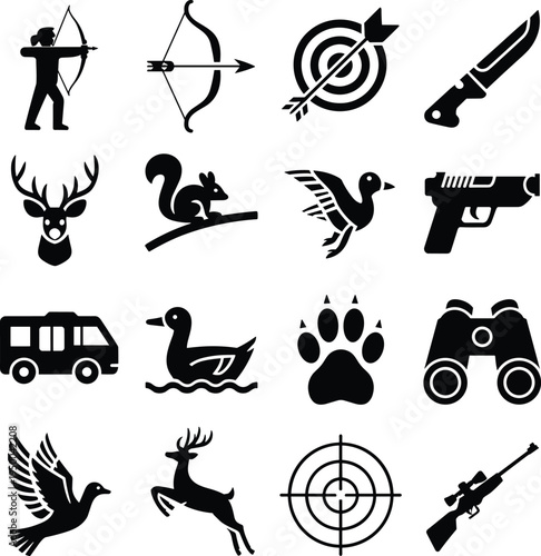Black and white vector illustration of hunting and wildlife icons, outdoor activity design set including animals, weapons, tools, camping, nature elements
