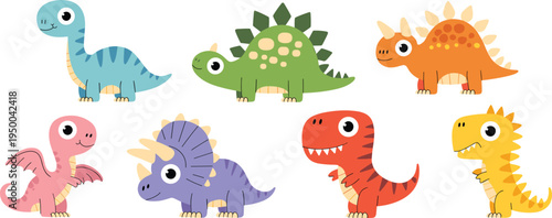 Colorful cartoon dinosaur vector illustration set featuring stegosaurus, sauropod, theropod, pterosaur and more, playful prehistoric animal icons for children’s design projects