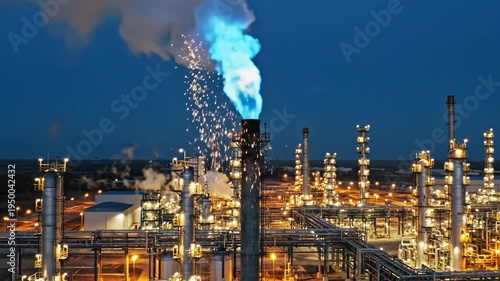 Video of refinery gas flare with intense blue flame motion, petrochemical facility environment, modern energy industry visual theme.