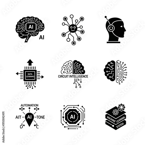 Set of black silhouette icons representing artificial intelligence, neural networks, circuit intelligence, automation, and machine learning concepts