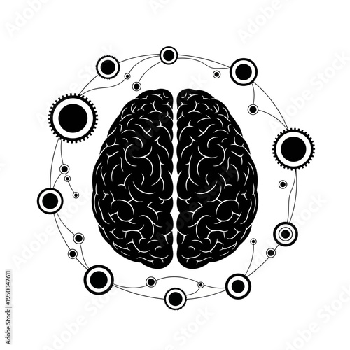Black silhouette icon of a human brain connected to gears and circles, representing a technological or intellectual concept