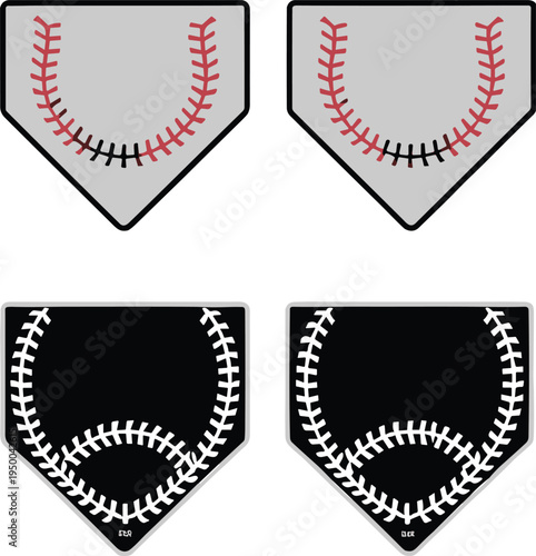 Stylized baseball home plate vector illustration with stitching patterns, sports graphic design featuring ERA and OBA labels, modern athletic icon set for statistics