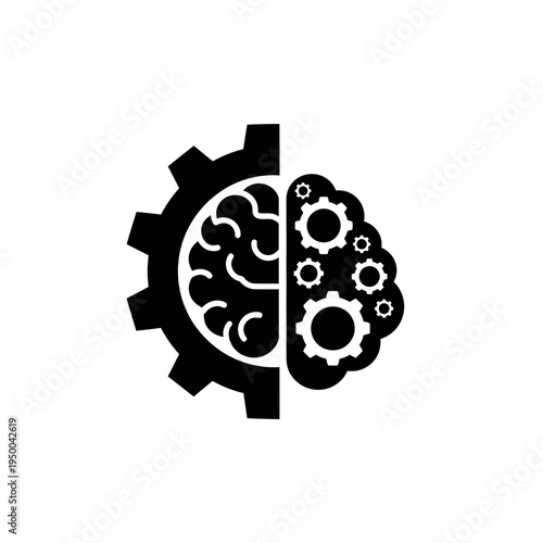 Conceptual black silhouette icon depicting a brain and gears, symbolizing artificial intelligence, logical thinking, and innovation in a sleek, modern design