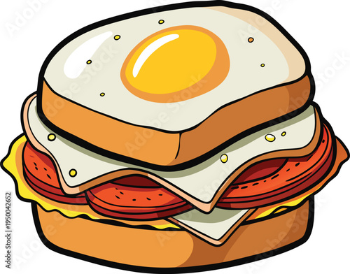 Cartoon breakfast sandwich with fried egg and salami