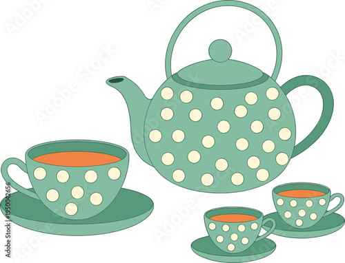 Teapot and tea cup set with polka dot pattern, vintage kitchenware vector illustration for tea time