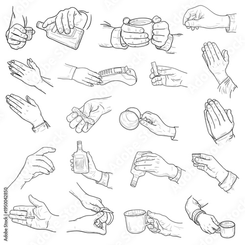 Collection of hands and palms in various poses, hand-drawn sketch. Vector illustration. Hands holding mugs and phone, bottle and a shot glass, praying, and peeling vegetables, isolated on background