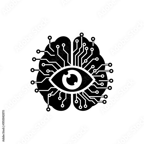Black silhouette icon of a digital brain with an eye, symbolizing artificial intelligence, cognitive processes, and technological vision