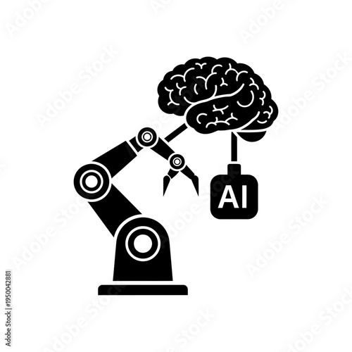 Artificial intelligence concept with a robotic arm holding a brain with the letters AI integrated into it, representing advanced technology and innovation