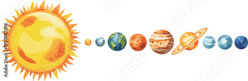 Stylized solar system vector illustration showing Sun and eight planets, colorful educational astronomy artwork with distinct planetary features, cosmic space design