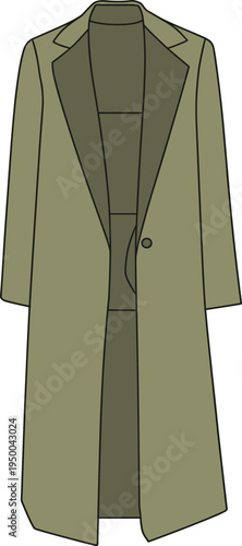 Long trench coat front view technical sketch, single breasted outerwear cad illustration, fashion design vector template for apparel design