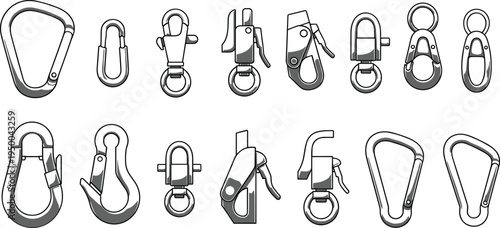 Vector illustration set of various metal carabiners, climbing hooks, snap shackles, and heavy duty safety latches for industrial and outdoor use.