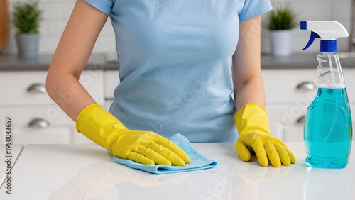 cleaning the kitchen, She wears protective rubber gloves, Surfaces are shiny and clean, A microfiber cloth is effective, Home maintenance is very important, Housework is done with care
