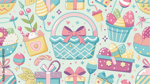 Colorful gift hamper and holiday elements seamless pattern festive presents celebration flat vector illustration
