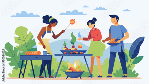 Friends cooking barbecue together outdoors summer grill party picnic social gathering concept flat vector illustration
