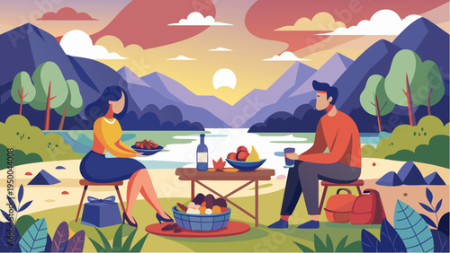 Couple enjoying romantic picnic near mountain lake at sunset travel leisure outdoor date concept flat vector illustration