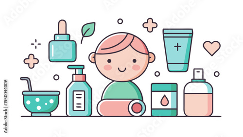 Cute kid skincare routine with cosmetic products bottles and creams children skin care hygiene concept flat vector illustration