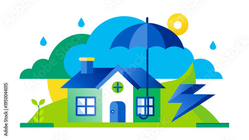 Climate risk insurance concept with protected house umbrella storm rain protection flat vector illustration