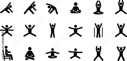 Yoga and exercise stick figure icons set, fitness workout poses collection, meditation stretching training symbols, minimalist vector illustration