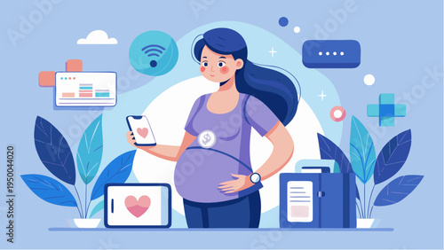 Pregnant woman using smartphone with wearable maternal monitoring health tracking pregnancy technology concept flat vector illustration