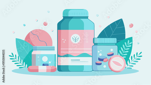 Marine collagen supplement bottles and pills natural nutrition beauty health product concept flat vector illustration
