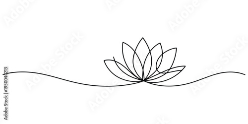 Lotus Flower Continuous Line Vector, minimalist illustration for yoga, meditation, and wellness brand identity, clean line art for calming and spiritual design.