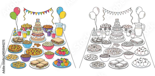 Kids birthday party food table illustration: colorful version and black and white line art coloring page with cake, pizza, snacks, and balloons