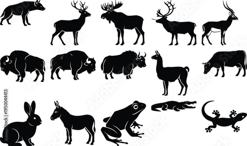 Black silhouettes of various wild animals on white background