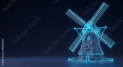 Glowing blue wireframe windmill against dark background