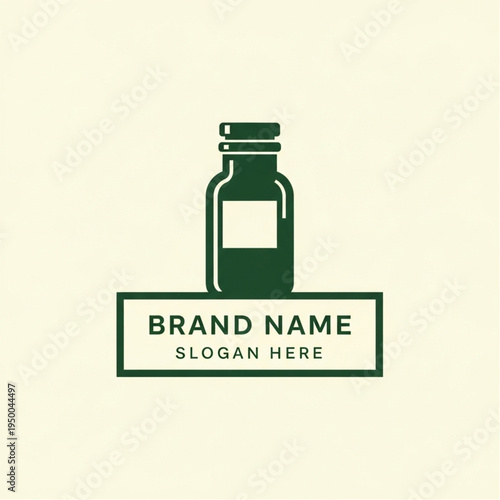 Green Glass Bottle with Label for Brand Name and Slogan.