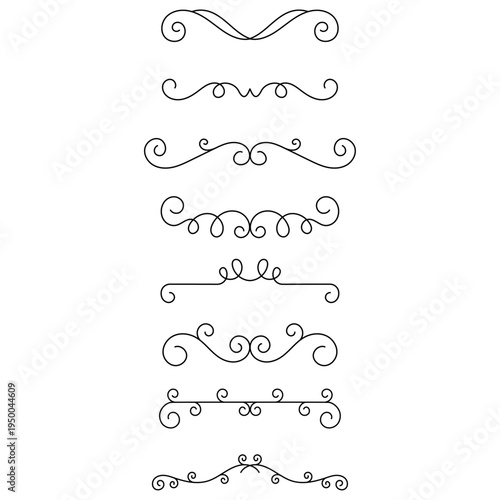 Set of minimal swirl dividers with elegant ornamental flourishes. Decorative vector separators perfect for invitations, logos, certificates, menus, branding and elegant design layouts