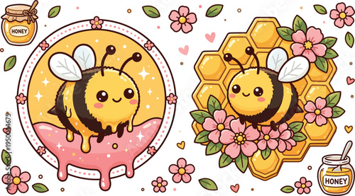 Cute cartoon honey bee with honeycomb and flowers, sweet kawaii bee mascot illustration with dripping honey for kids design