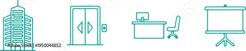 Modern office icons: building, elevator, desk, and presentation board