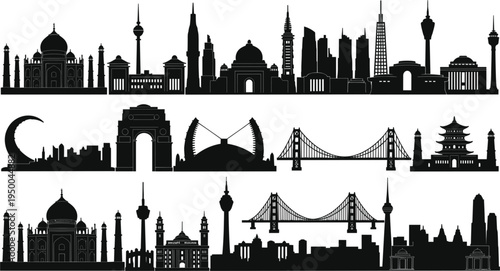 Global city skyline silhouettes featuring famous landmarks including Taj Mahal, bridges, towers, temples and modern skyscrapers, travel architecture skyline collection vector illustration