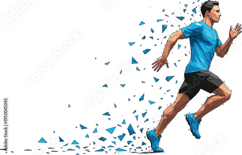 Low poly polygon runner sprinting forward, abstract geometric athlete, blue triangle particle trail, fitness motion concept, dynamic vector artwork, healthy lifestyle illustration