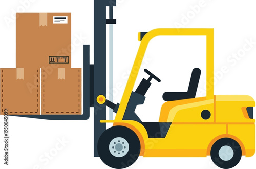 Yellow forklift truck lifting cardboard boxes in a warehouse setting