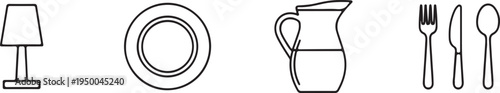 Set of Kitchen and Dining Icons: Lamp, Plate, Pitcher, Cutlery