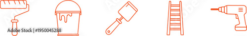 Home Renovation and DIY Tools Line Icons: Paint Roller, Bucket, Ladder, Drill