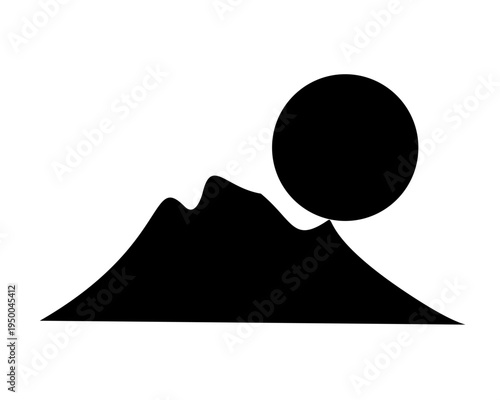 Minimalist black silhouette design showcasing a majestic mountain range with a large circular sun or moon, evoking a serene landscape view at dawn or dusk