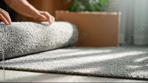 Hands unrolling new rug on floor for home renovation
