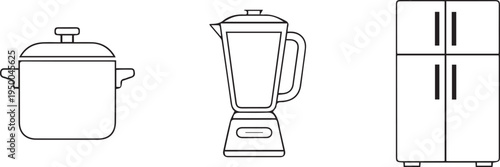 line art illustration of kitchen appliances set on white background